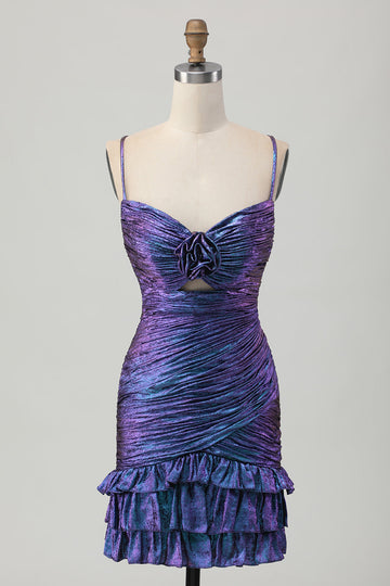 Metallic Blue and Purple Floral Short Cocktail Dress with Ruffles